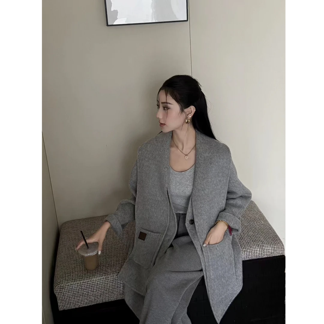 双面毛呢大衣气质时尚休闲韩版秋冬女V领短款外套014