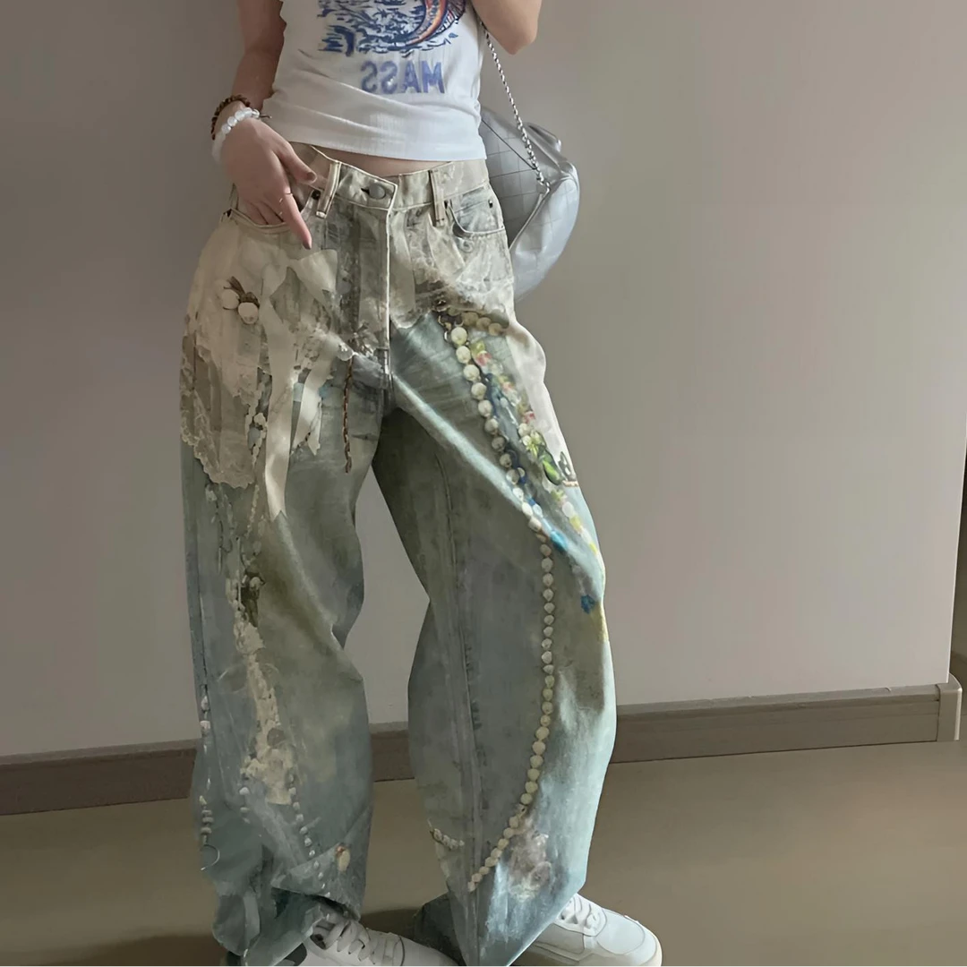 25新品小众设计蕾丝珍珠链条3D立体印花做旧直筒牛仔裤宽松版型