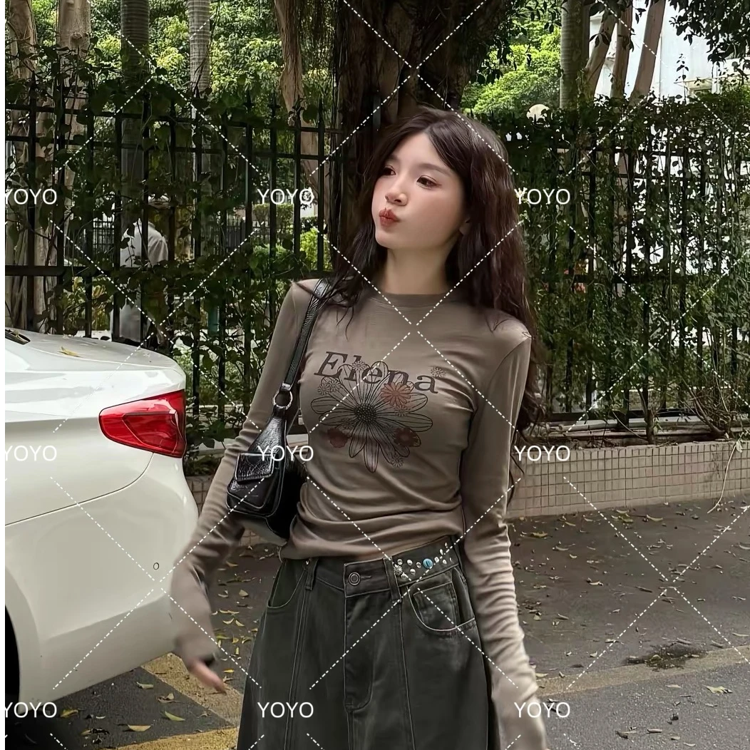 YOYO自制【肆意生花】秋款显瘦修身印花ins长袖打底圆领上衣