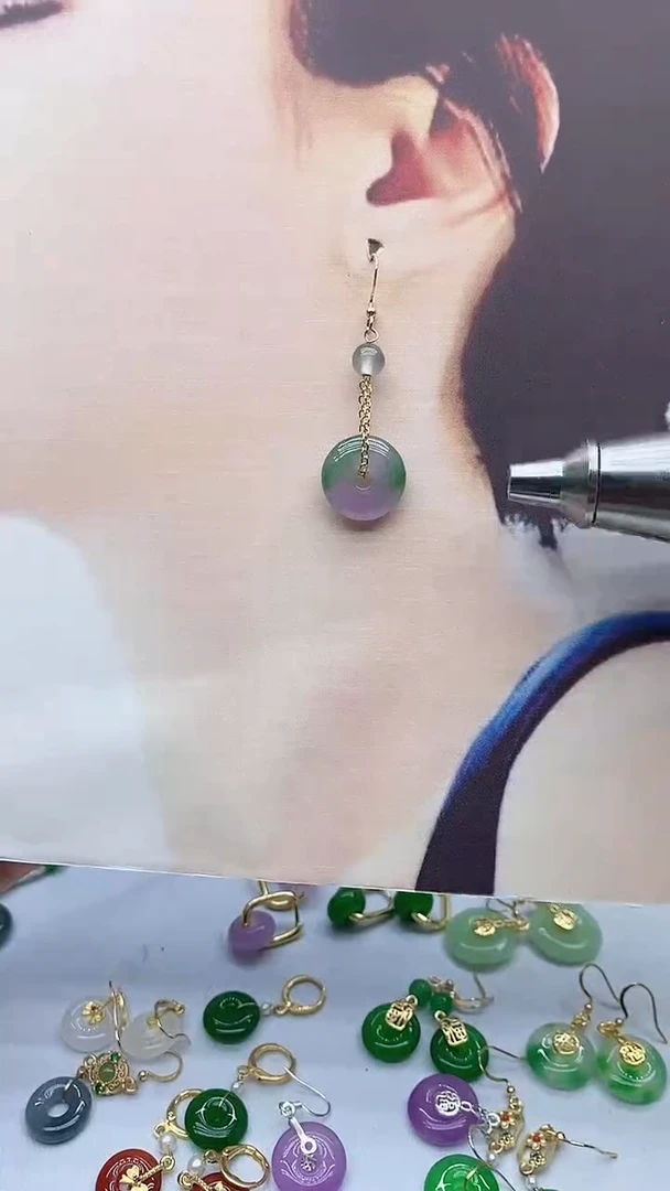 14K金镶嵌石英质玉（非洲翠）耳饰179