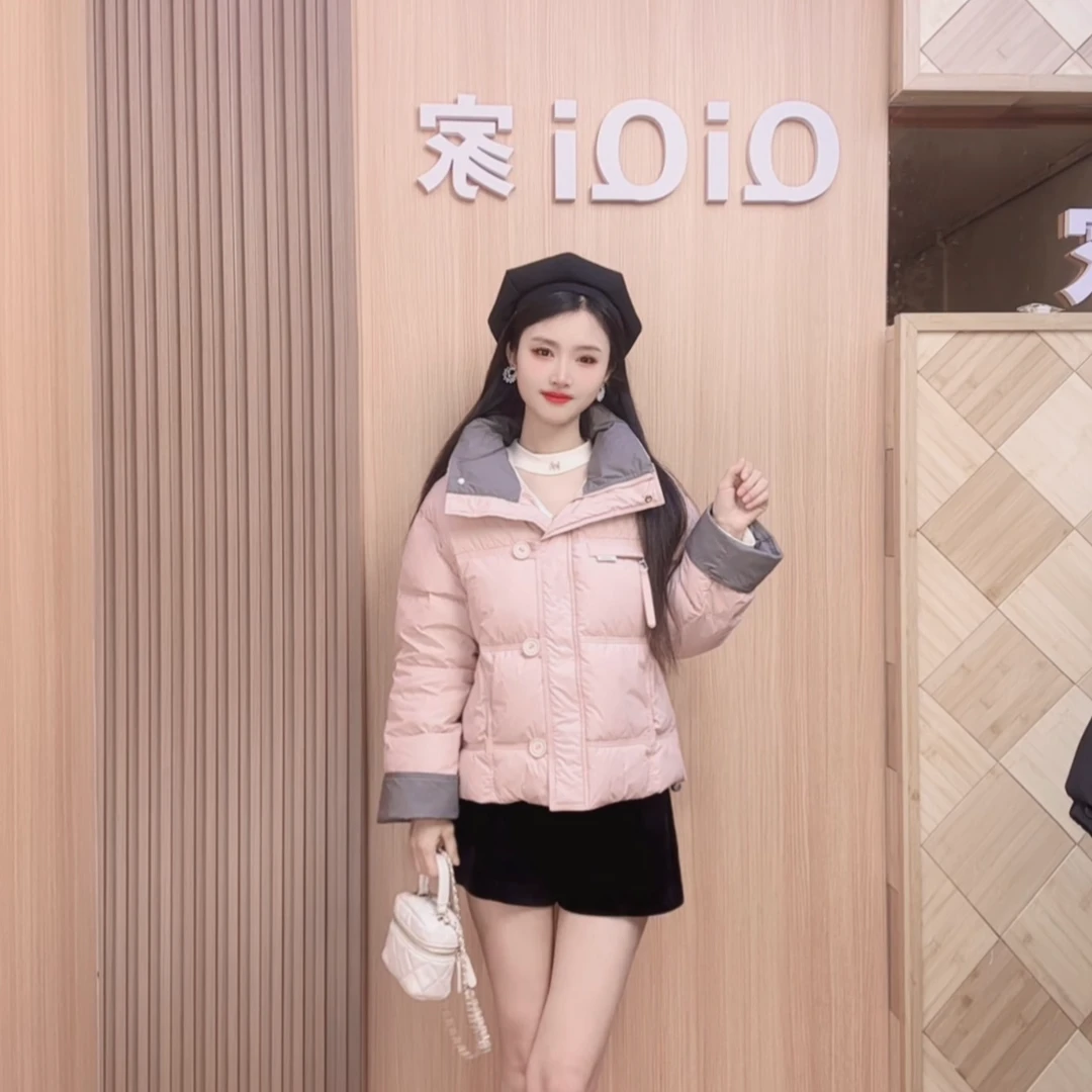 QiQi家 气质拼色领2024冬季短款扣子设计感显瘦棉服外套