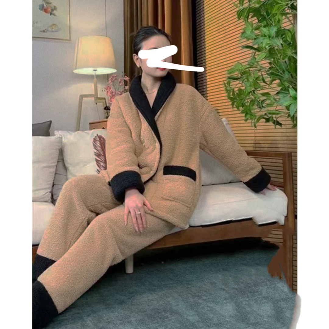 （柚子同款）RR冬季黑V领咖色加厚休闲睡衣家居2件套