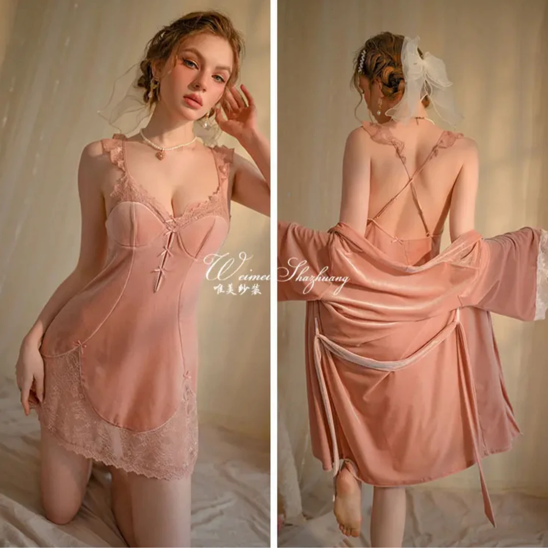 【气质佳人】秋款金丝绒带胸垫包臀吊带蕾丝镂空美背纯欲风法式睡衣