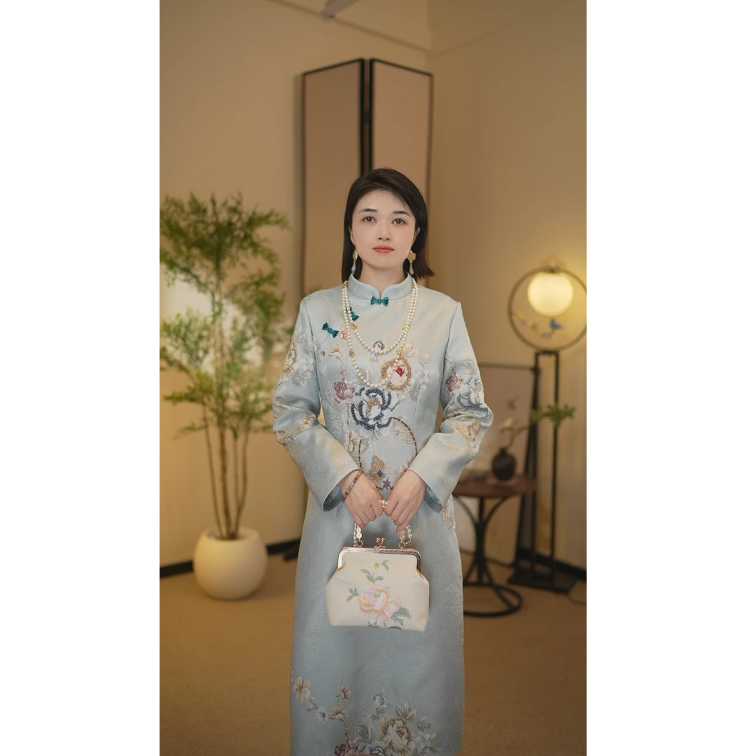 2024秋冬新款【花好月圆】郭风古韵提花刺绣改良旗袍连衣裙HS24859