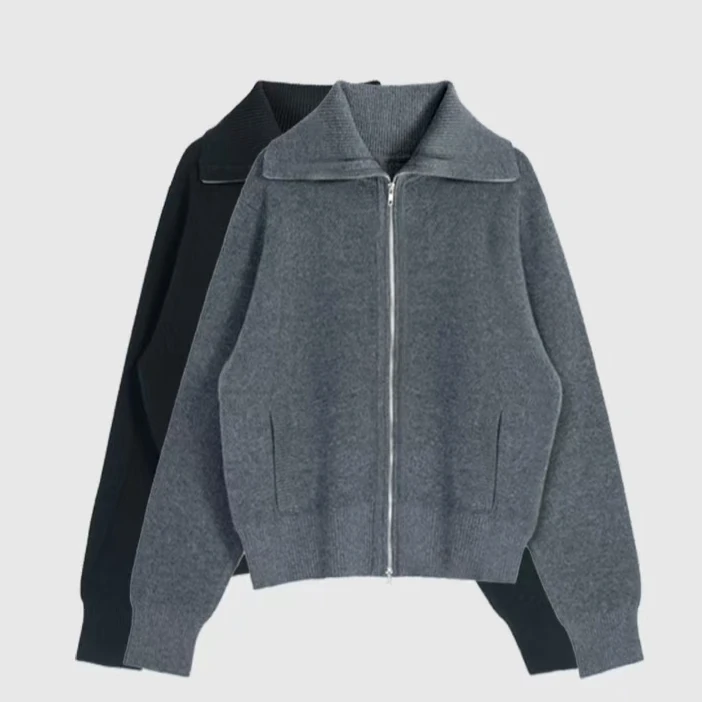 翻领拉链女士毛衣秋冬绵羊毛百搭显瘦毛衫