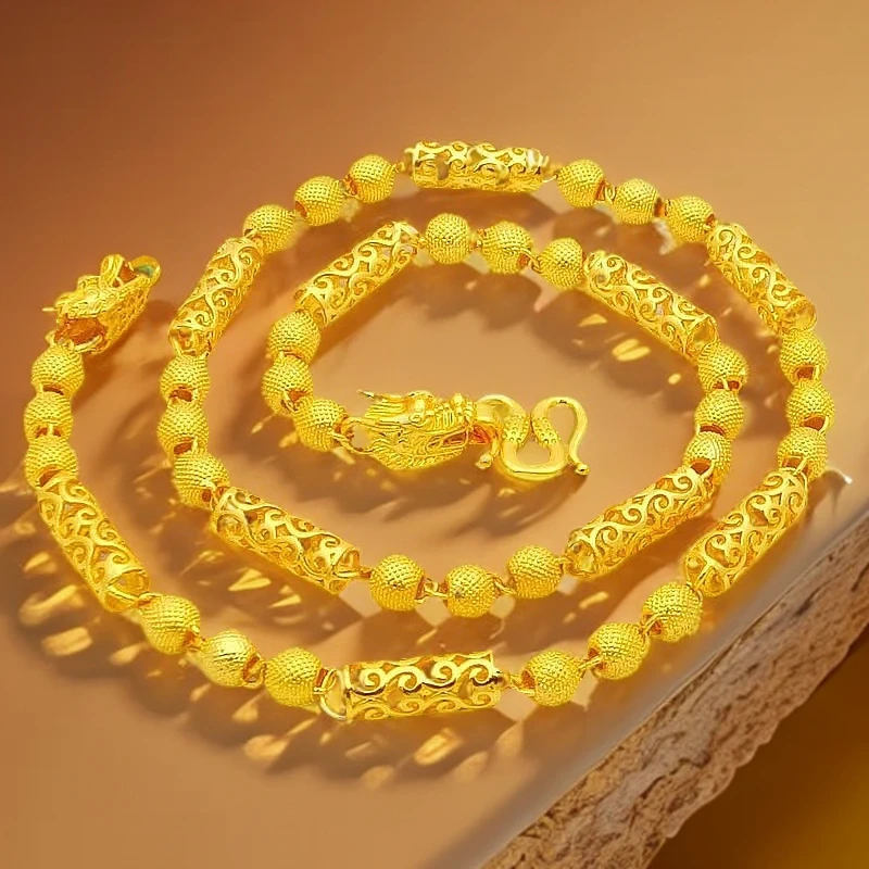 合金项链 帝王项链金色双龙头六角祥云柱M扣镂空坠链空心男款礼盒