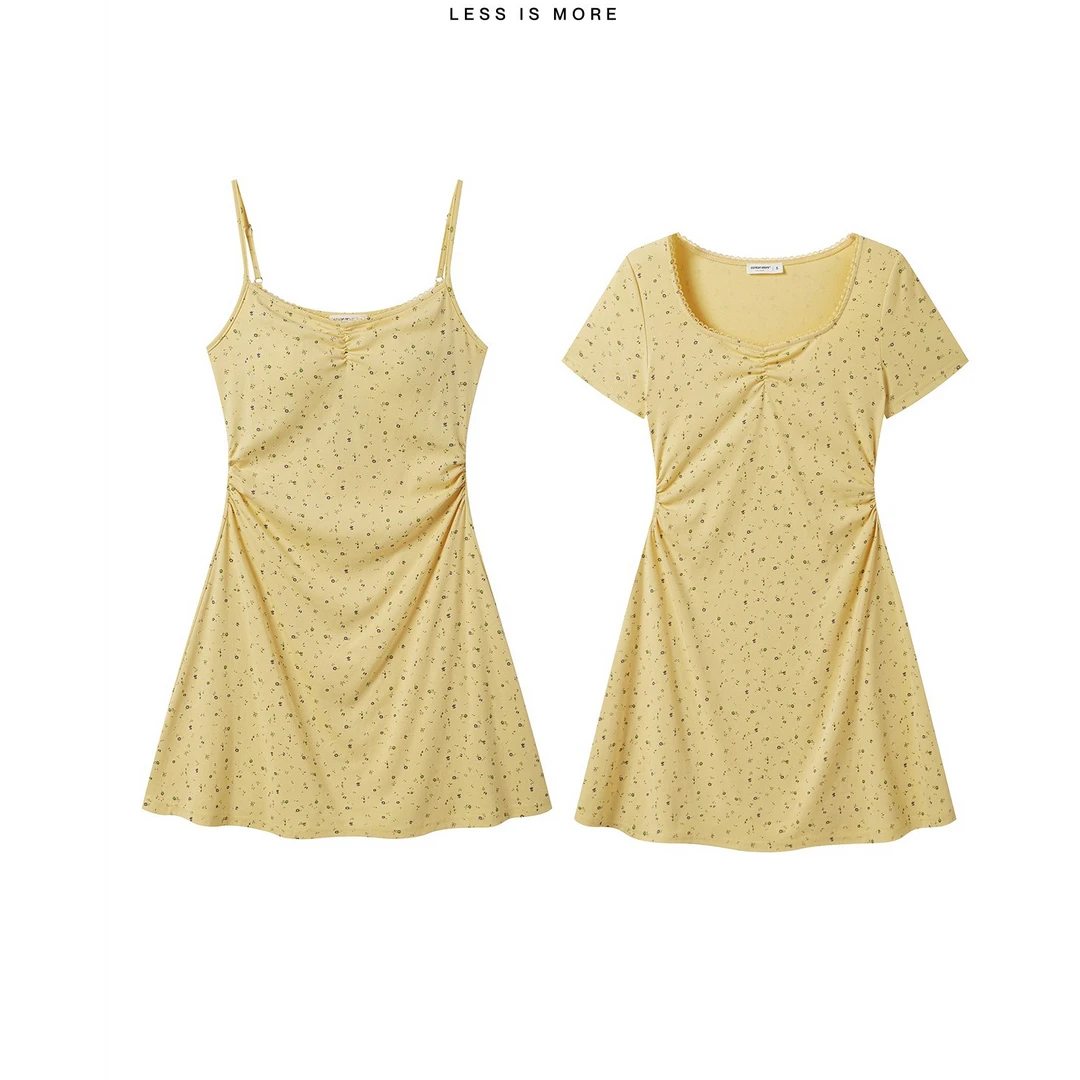 羊城故事-奶黄色碎花吊带裙连衣裙夏季修身显瘦长短裙Y50449987HJ