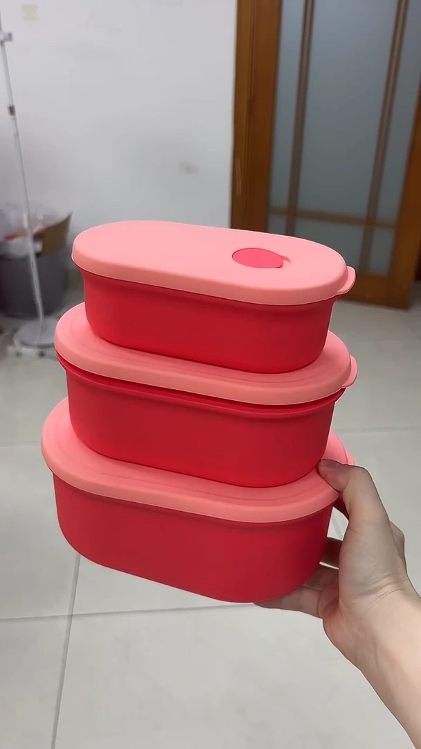 硅胶3件套-红底粉盖-椭圆排气盒 400/900/1500ml