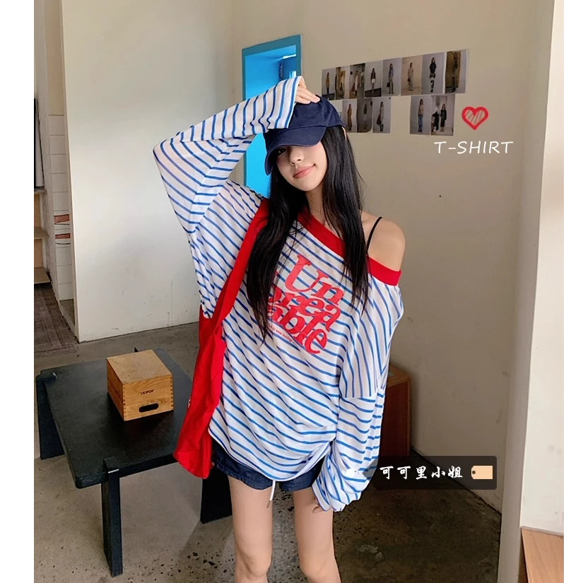 韩版新款夏季斜肩印花条纹一字肩长袖t恤女装宽松型防晒罩衫上衣