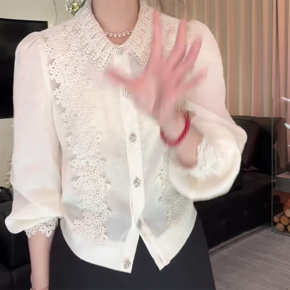 【春日荡漾】新款高级设计感重工花边钉珠精致拼接百搭衬衫女