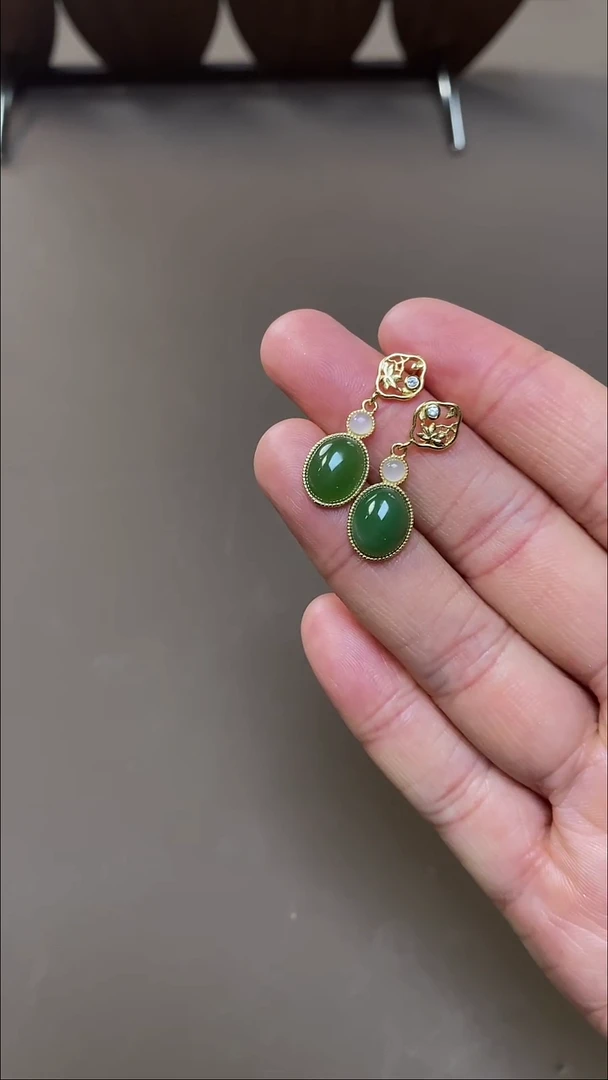 银S925镶嵌和田玉耳饰和田玉耳坠