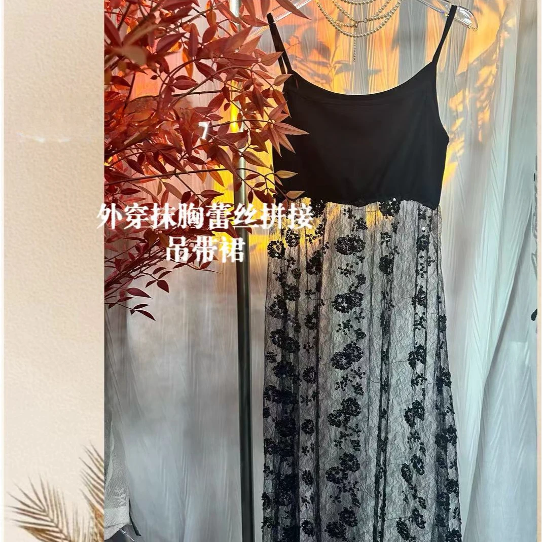 【叠穿绣片连衣裙】88072外穿抹胸蕾丝拼接吊带裙时尚夏季设计师