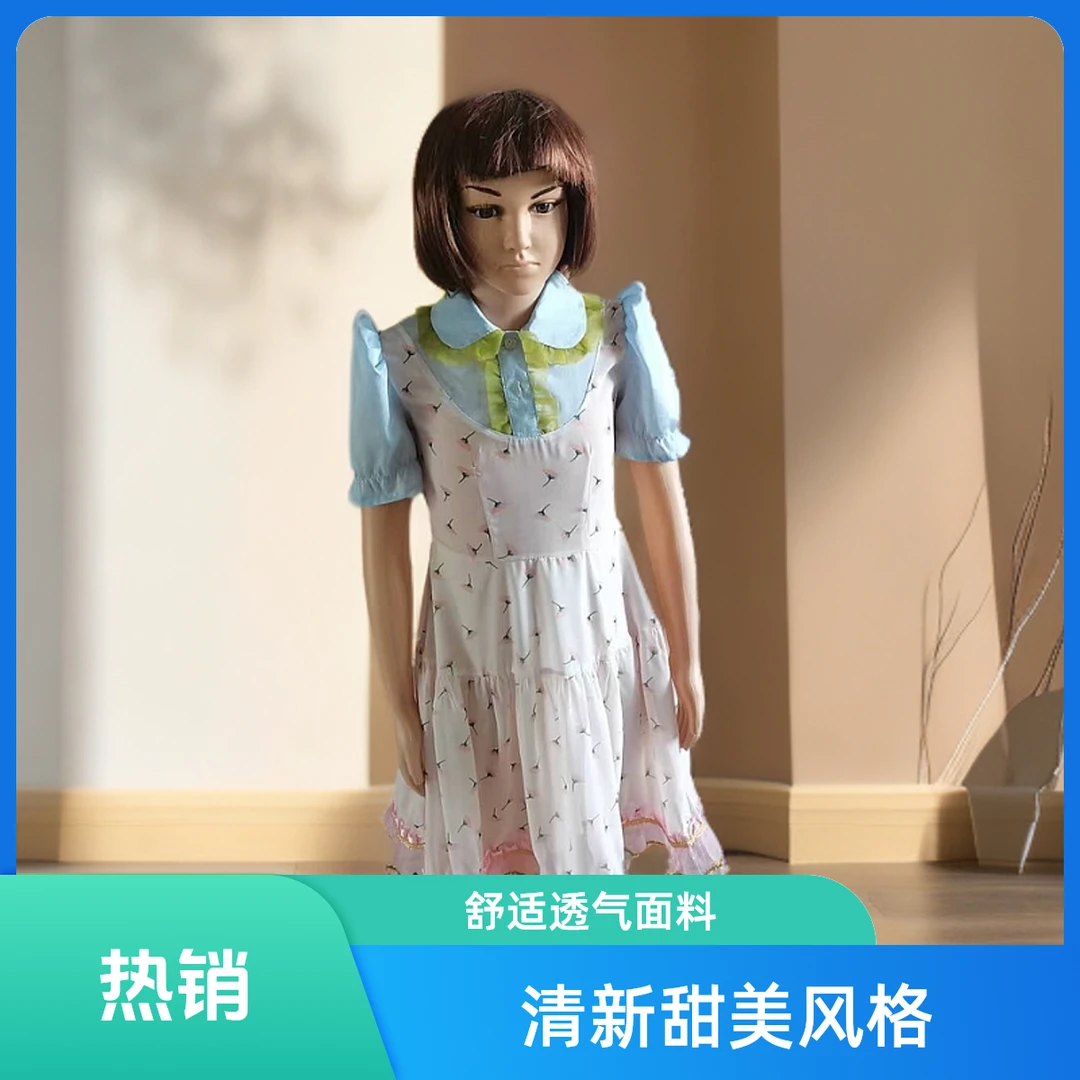 娃娃领单排扣短袖夏季圆点连衣裙时尚碎花旗袍公主裙子甜美泡泡袖