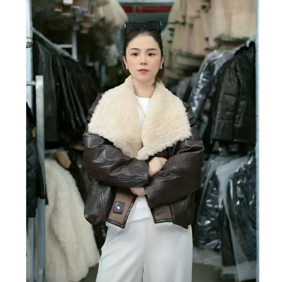 西夏尚美【52553】高端绵羊皮真皮皮衣短款大翻领外套