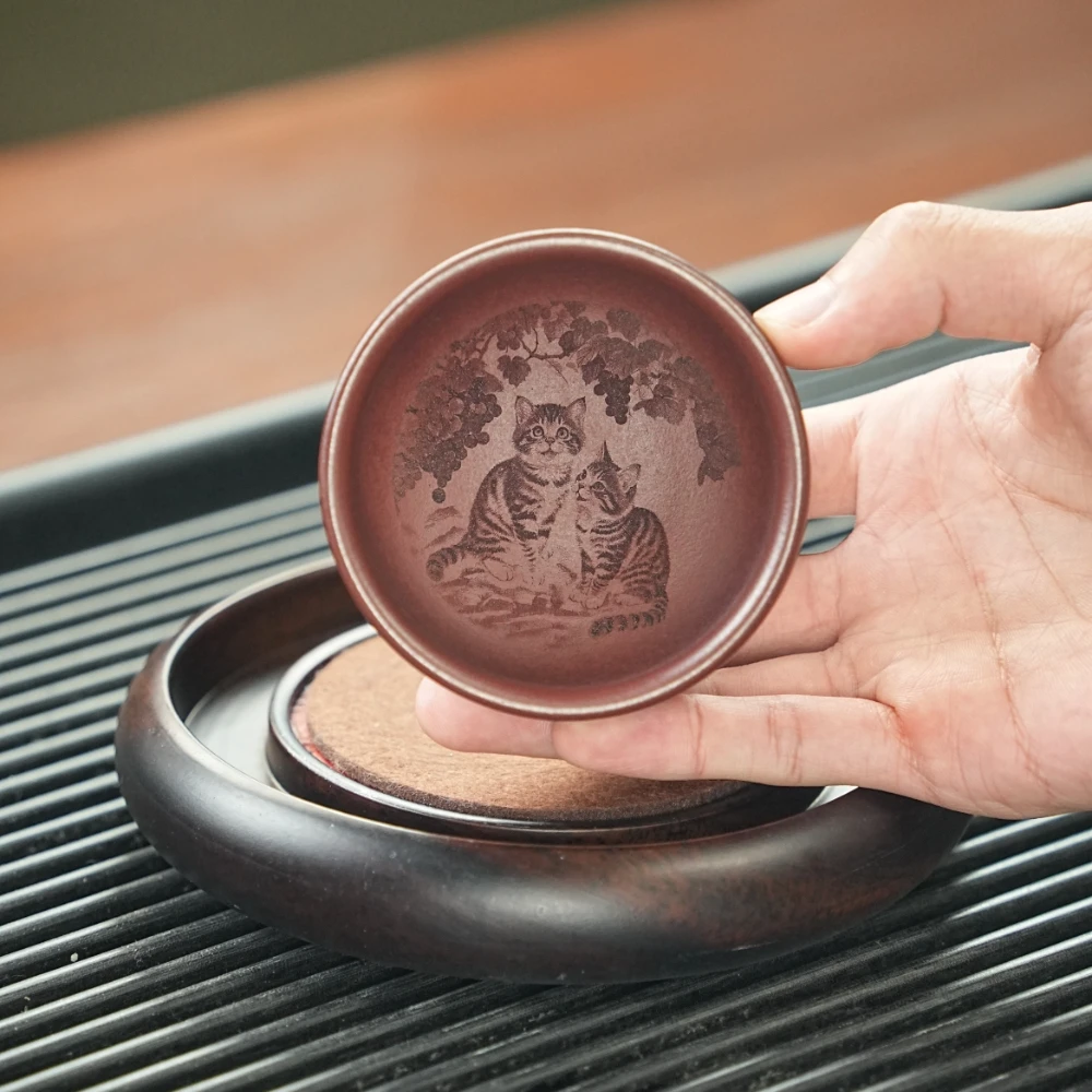 宜兴原矿龙血砂手工刻绘爱莲说紫砂主人杯 LY