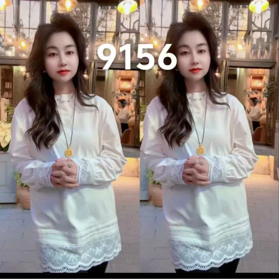 （碧荷家）2025春季新款时尚蕾丝拼接卫衣韩版休闲显瘦大码衬衫9156