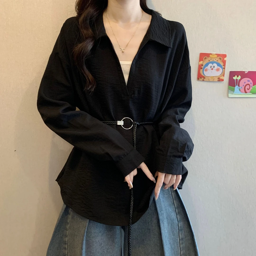 大码设计感假两件V领长袖衬衫女春秋微胖MM显瘦百搭洋气收腰上衣