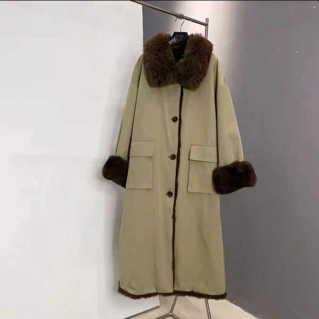 【琪琪】韩版派克服兔毛皮草内胆外套长款宽松保暖工装时髦冬25036
