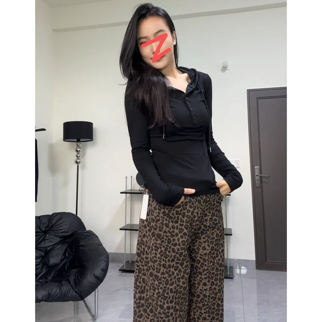 珍珍高个子【小蛮腰】加长辣妹修身半开扣连帽收腰内搭长袖上衣女