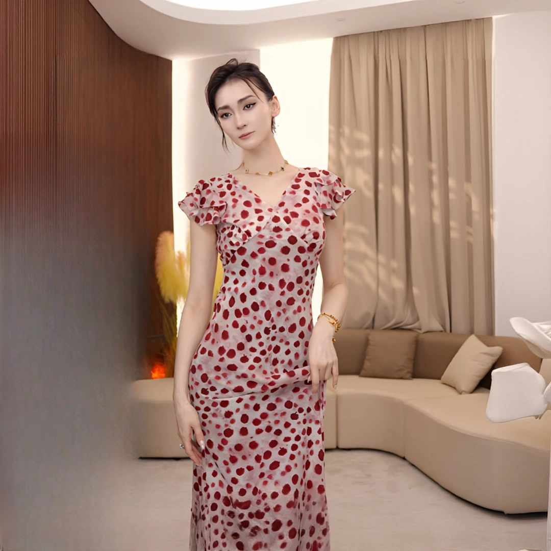 【萄禧】夏季高级感气质显瘦高腰波点扎染中长款连衣裙TX05QZ0341