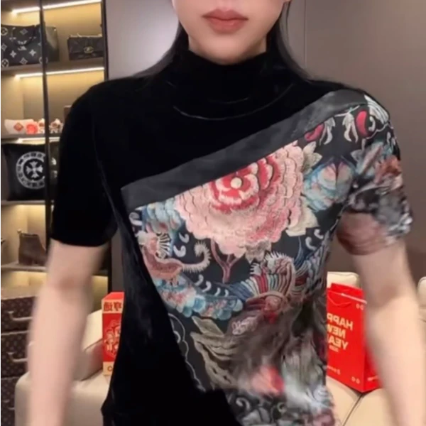 金丝绒半袖长袖打底衫拼接花上衣春秋国风民族风新中式简约T桖胖m