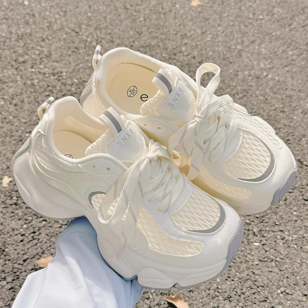 Moleubak夏季透气薄款女鞋网面老爹鞋女厚底小白鞋配裙子休闲鞋