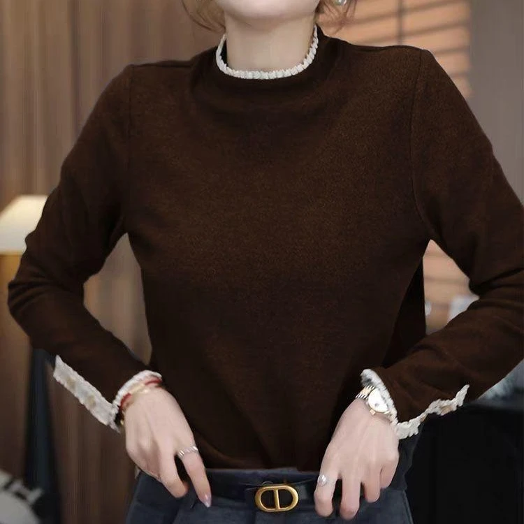 280克德绒花边领打底秋冬新款宽松显瘦女洋气百搭打底衫