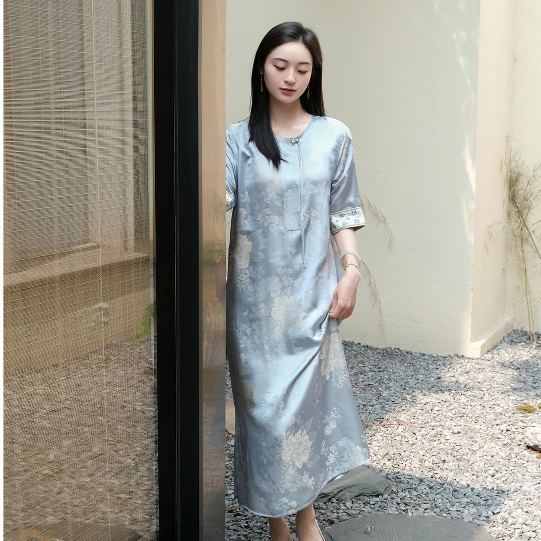 盛唐牡丹洛神提花真丝缎连衣裙（不支持七天无理由）