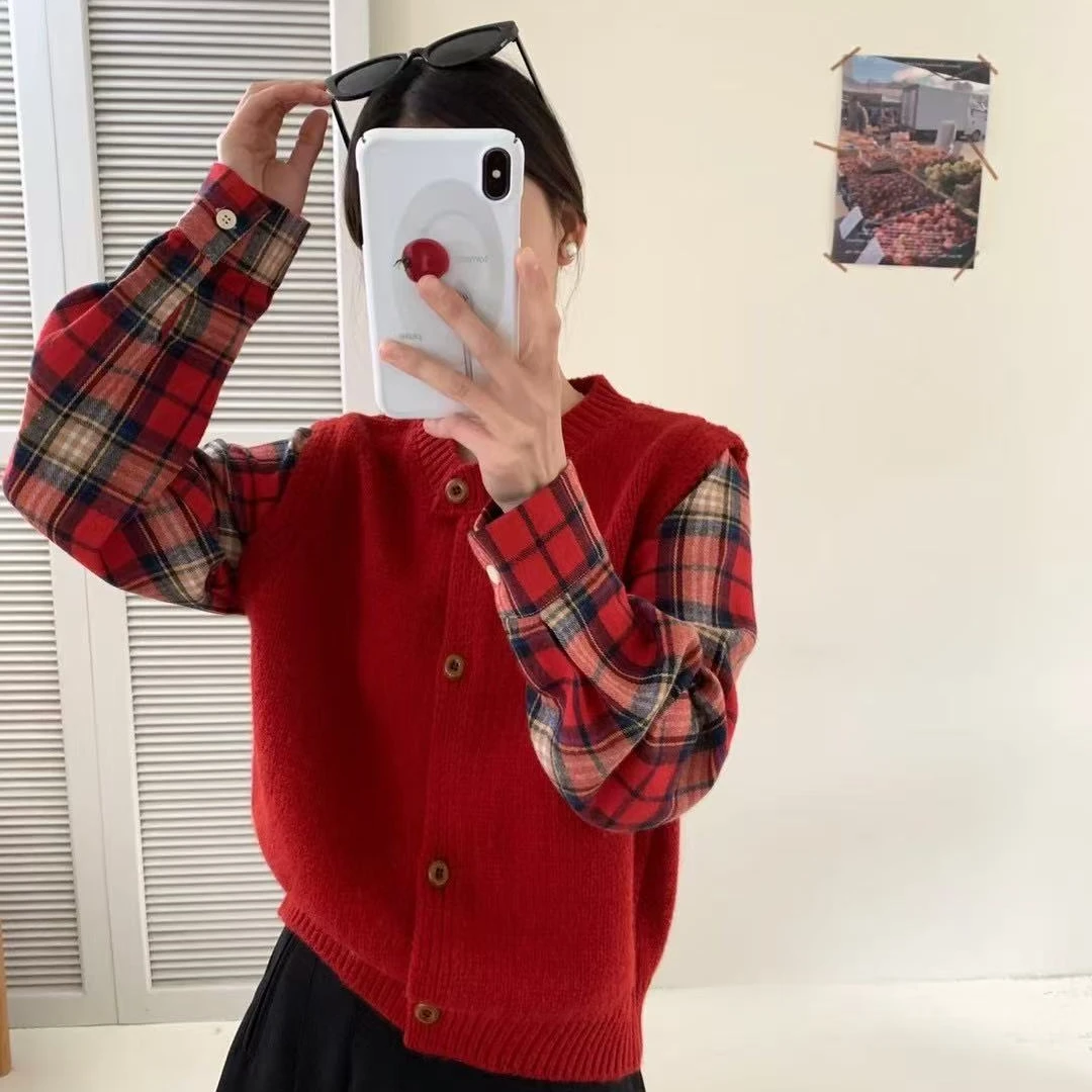 拼接格子假两件毛衣开衫女秋冬新款圆领法式百搭针织上衣