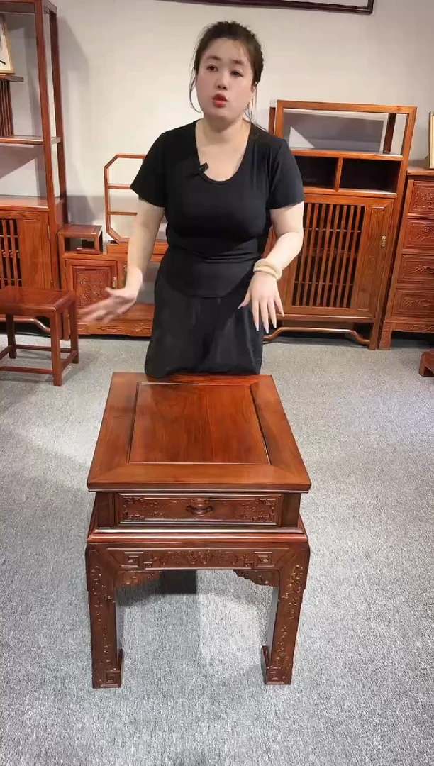 红酸枝木类端景台非洲酸枝精雕角几带抽屉