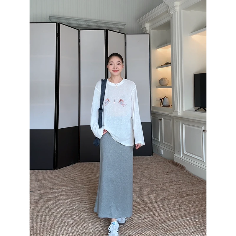 郭九九呢 棉轻薄透气印花宽松显瘦长袖T恤针织半身裙 G925Y13176