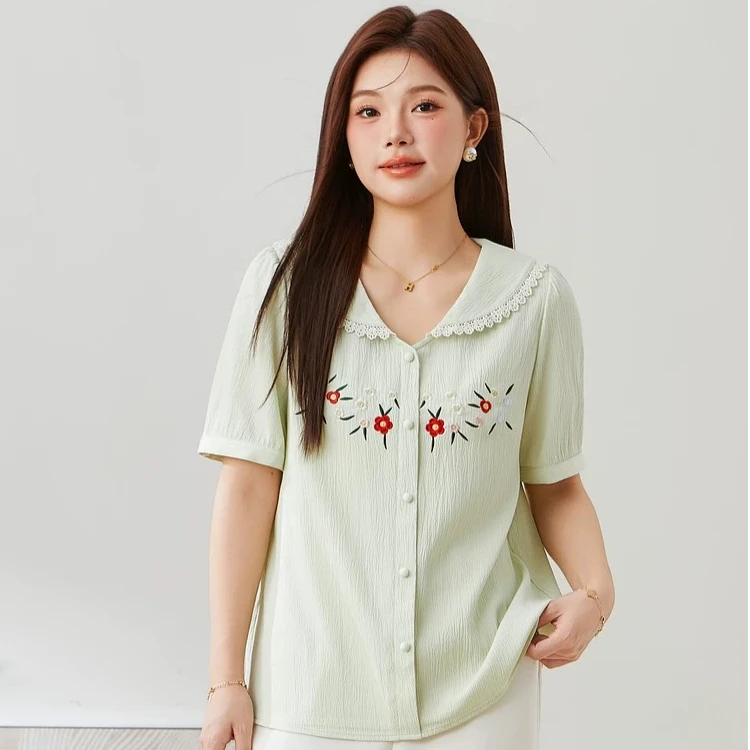 采多宝大码女装减龄花边娃娃领刺绣夏季修身显瘦小衫 EXA5320