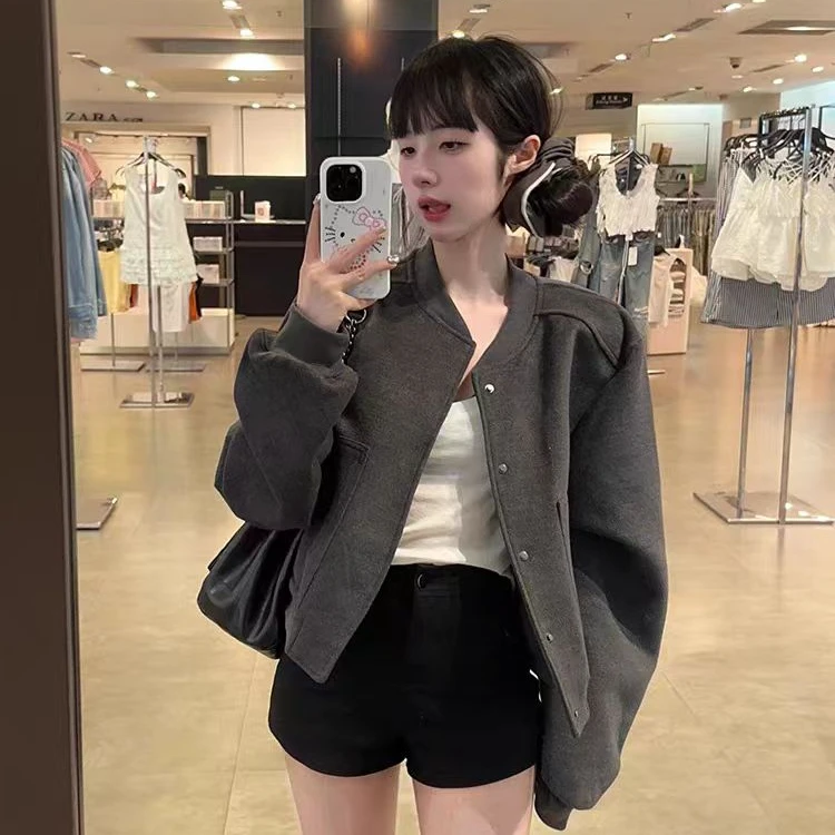 2025韩版立领灰色棒球服短外套女春季新款短款气质夹克上衣