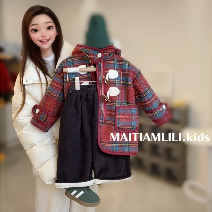 2024秋冬新款童装男女童格子加绒呢大衣儿童连帽中长款年款红大衣