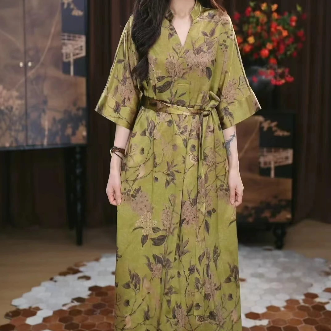 【歆晚】香云纱长款重磅时尚春夏提花遮肉印花复古长裙连衣裙新中式