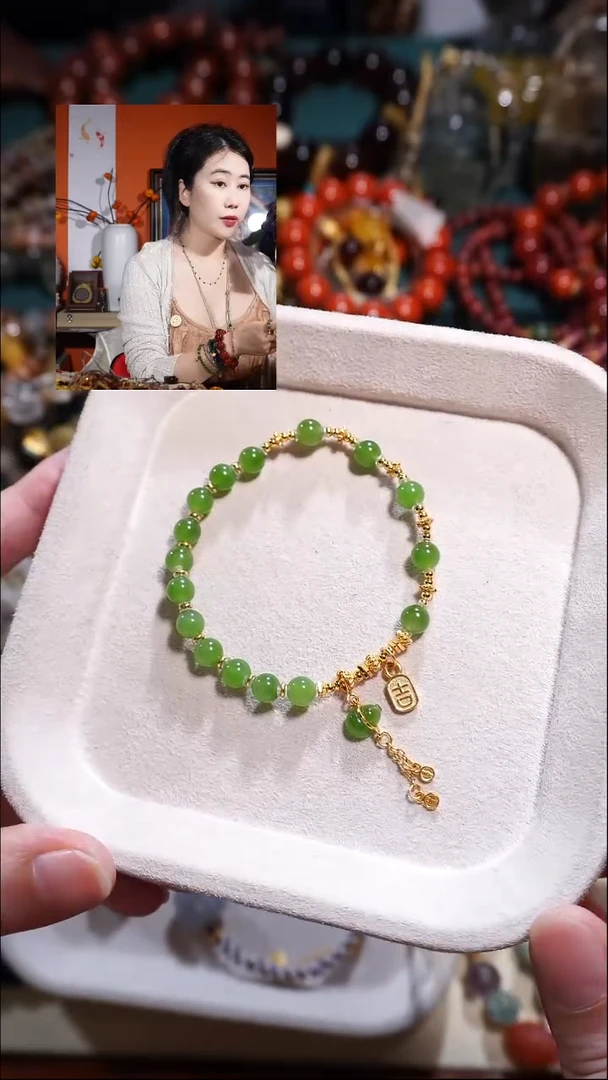 银S925镶嵌手链和田玉（糖玉）苹果绿手链