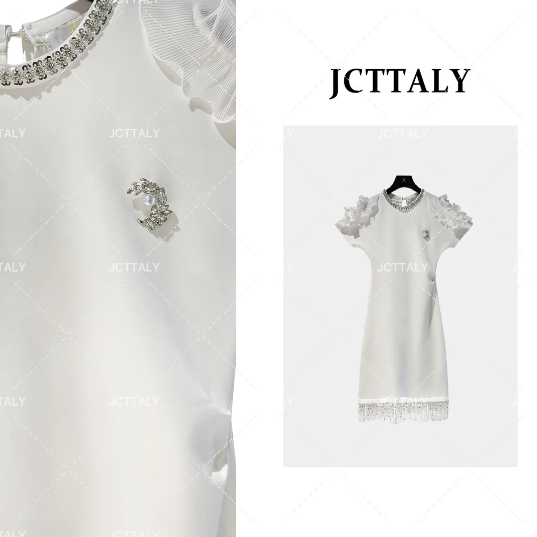 【昕昕】短袖气质轻奢时尚夏季白色设计师连衣裙JC-A3121