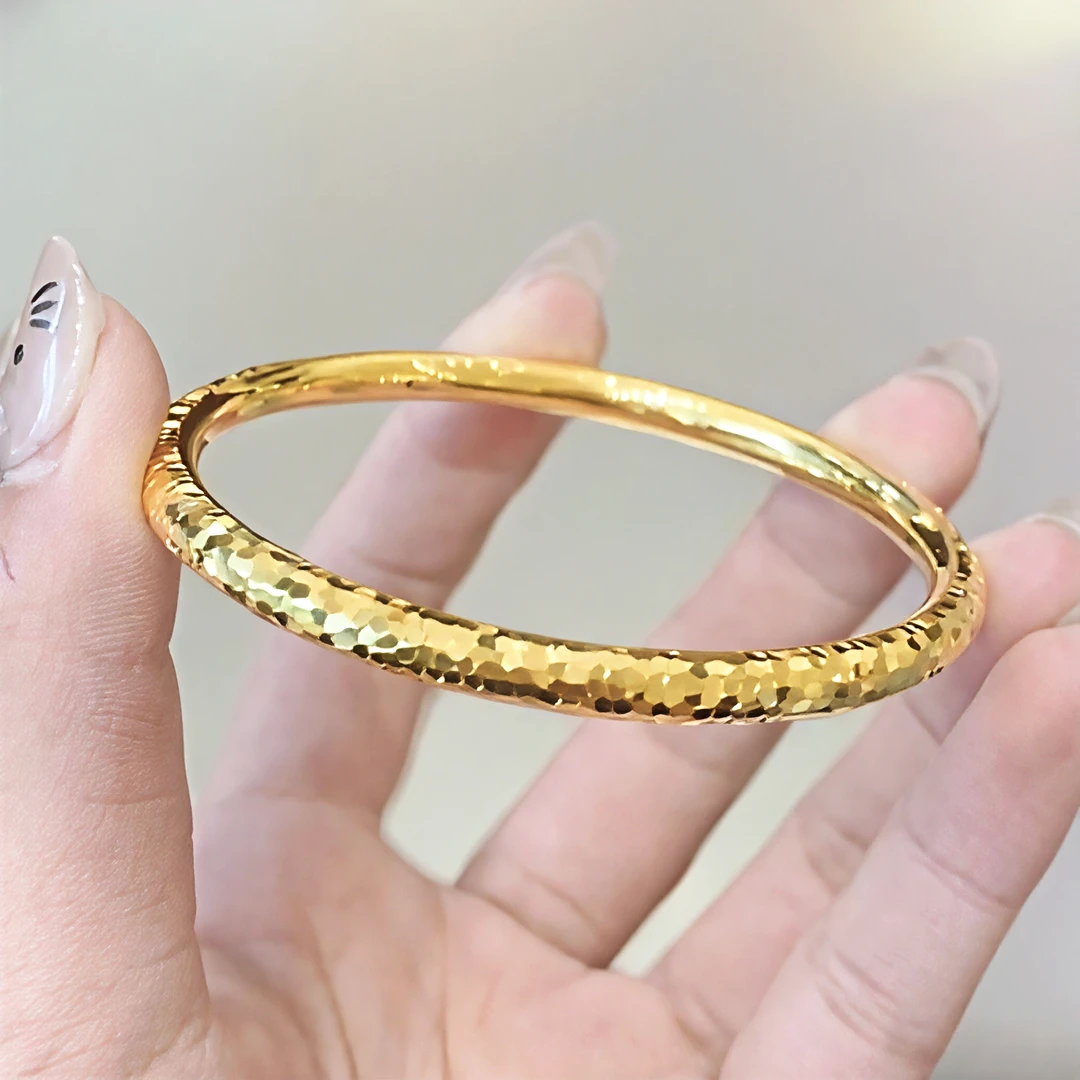 足金999冰棍碎碎冰手镯圆条bling气质轻奢黄金手镯礼物条宽4.5mm