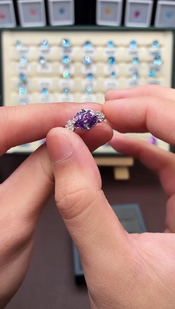 戒指彩色蓝宝石银S925镶嵌3333