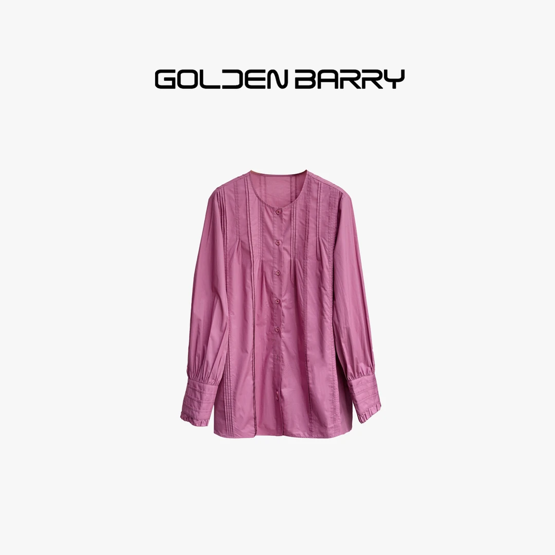 GOLDENBARRY|212490法式甜美压褶潮流百搭中长圆领衬衣【微瑕1】