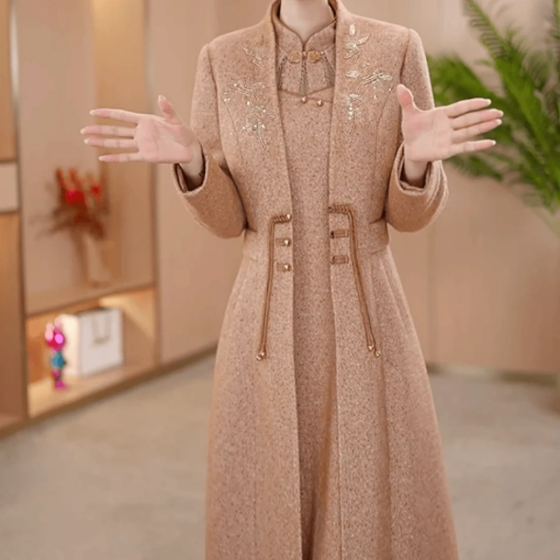 B424【风衣外套+连衣裙】2025秋冬新款高端优雅气质新中式套装裙