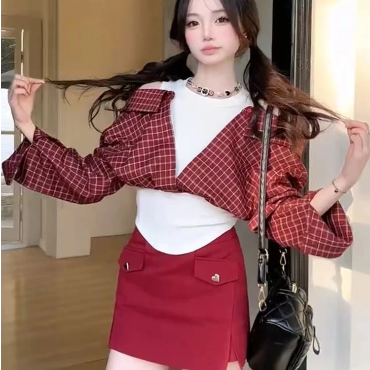 大码纯欲复古假两件衬衫女早春时尚修身显瘦性感包臀短裙套装1687