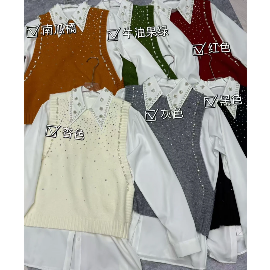 W-衬衫+针织衫马甲重工钉珠真两件#89702『乐桃家』