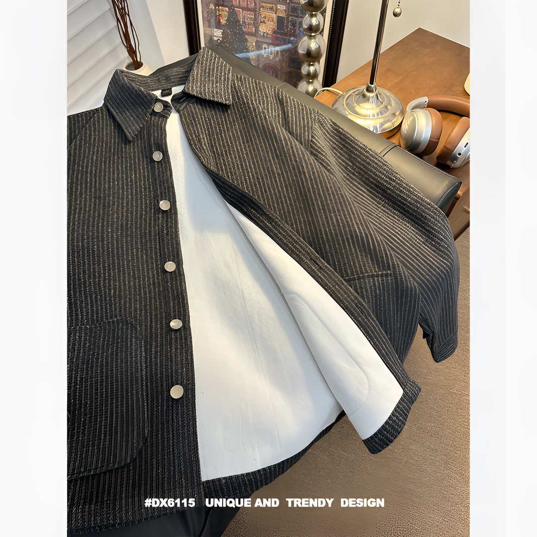 秋冬加绒保暖毛呢外套男士休闲加厚夹克中性长袖衬衫条纹呢子外套