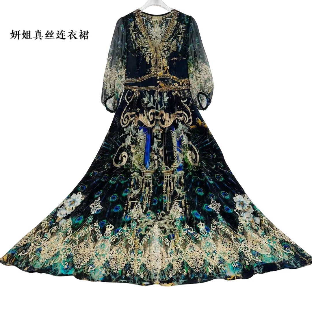 真丝连衣裙2025夏桑蚕丝长袖轻奢印花气质优雅黑绿花色 250375-1