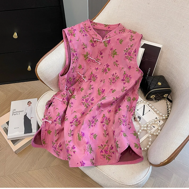 夏季新款潮粉色国风刺绣马甲背心薄款外穿高级感洋气无袖坎肩上衣