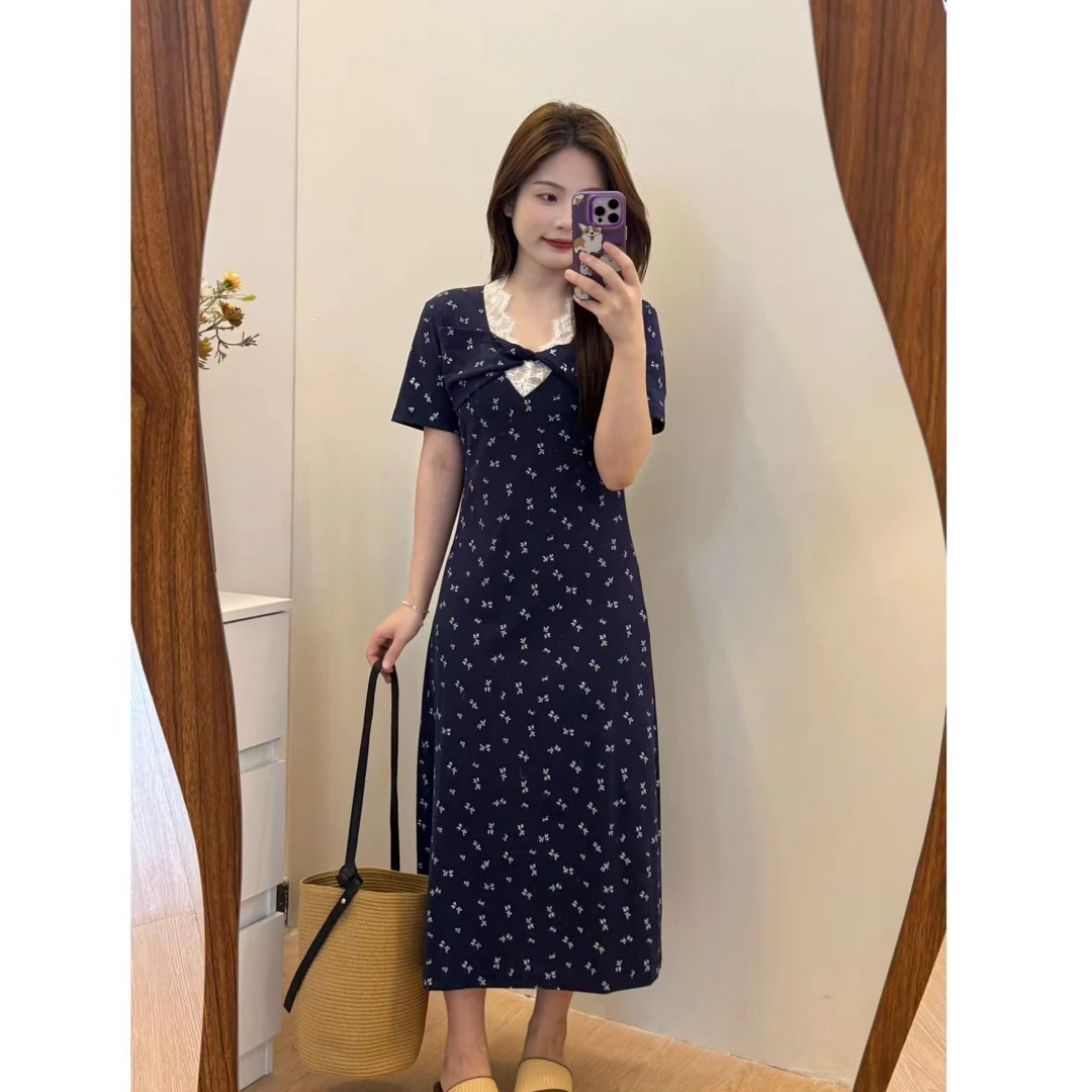 小个子短袖法式碎花拼接长裙女连衣裙复古连衣裙蕾丝修身夏季显瘦