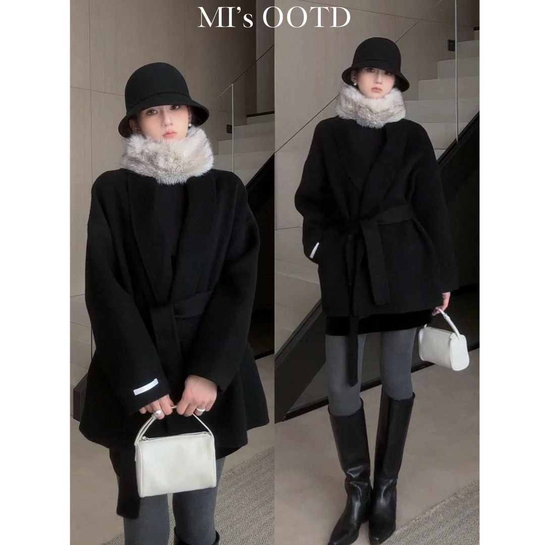 CHACHASTU全羊毛双面尼短款翻领秋冬女毛呢外套休闲可收腰250218