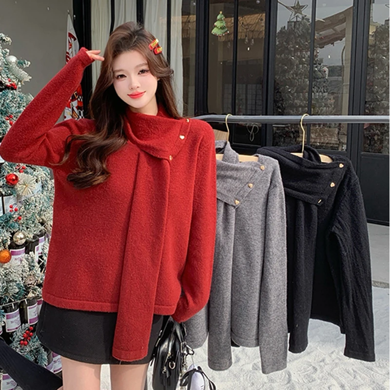 JJ71839专享春秋新款大码女软糯保暖圣诞节气氛红色针织上衣毛衣