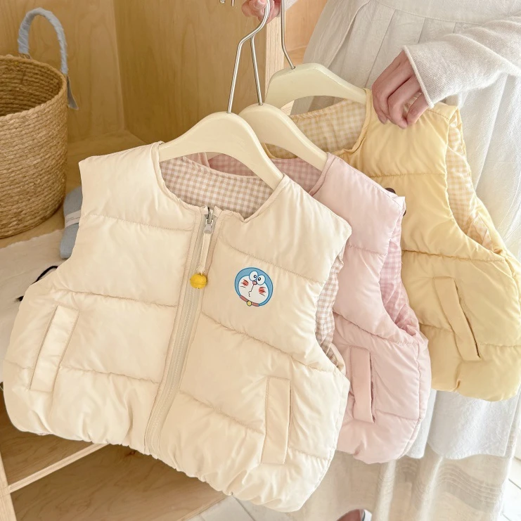 双面穿中小童面包服马甲男女宝宝冬卡通加厚轻薄坎肩外穿保暖背心